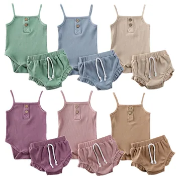 

Baby Boys Girls Summer Clothes 2020 Outfit Green Color Knitted Button Rompers Tops Shorts Pants Toddler Infant Baby Clothing