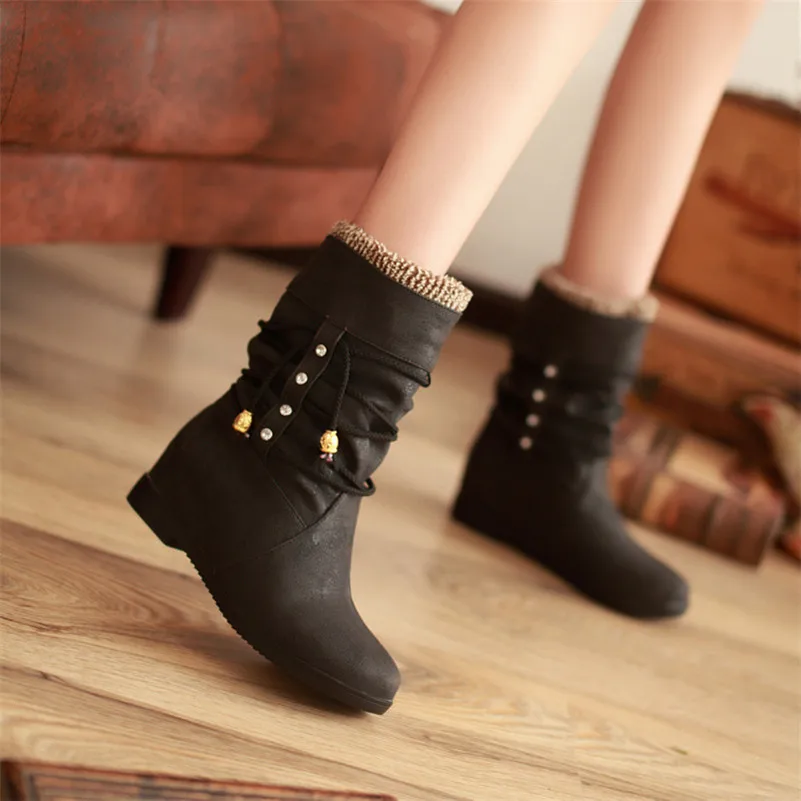 Meotina Autumn Mid Calf Boots Women Boots Crystal Slip on Flat Boots Pleated Round Toe Shoes Ladies Winter Green Plus Size 33-43