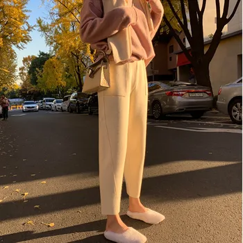 

Autumn Winter Women Pants Knitting Woolen High Waist Loose Elegant Korean Style Casual banana Pants