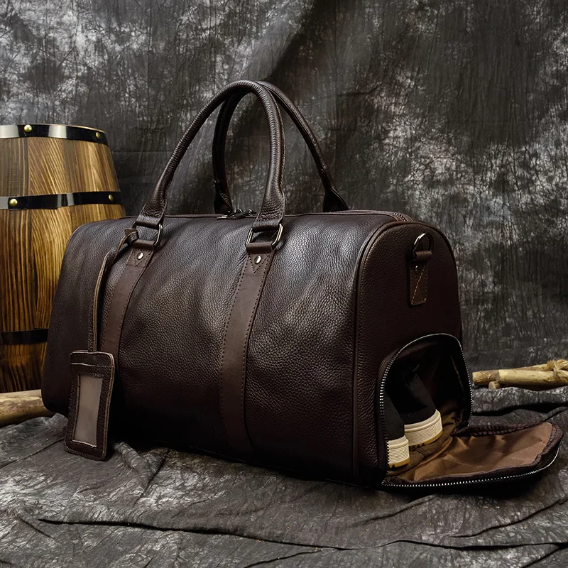 Bolsa de viaje de cuero genuino para hombre, bolso de mano de gran  capacidad, color negro, para llevar equipaje de fin de semana|Bolsas de  viaje| - AliExpress