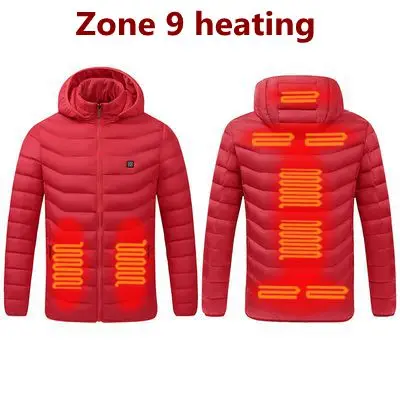 2021 NWE Men Winter Warm USB Heating Jackets Smart Thermostat Pure Color Hooded Heated Clothing Waterproof  Warm Jackets 9 Areas Heated Red