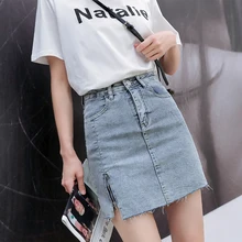 Pengpious джинсовая мини-юбка с высокой талией эластичная с молнией потертый подол с подкладкой