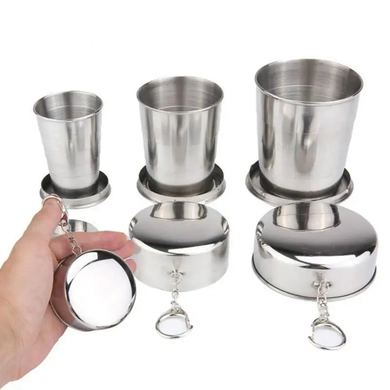 Portable Retractable Telescopic Collapsible Cups Stainless Steel Folding Cup With Keychain Outdoor Water Drink Cup With Lid 1Pcs folding cup