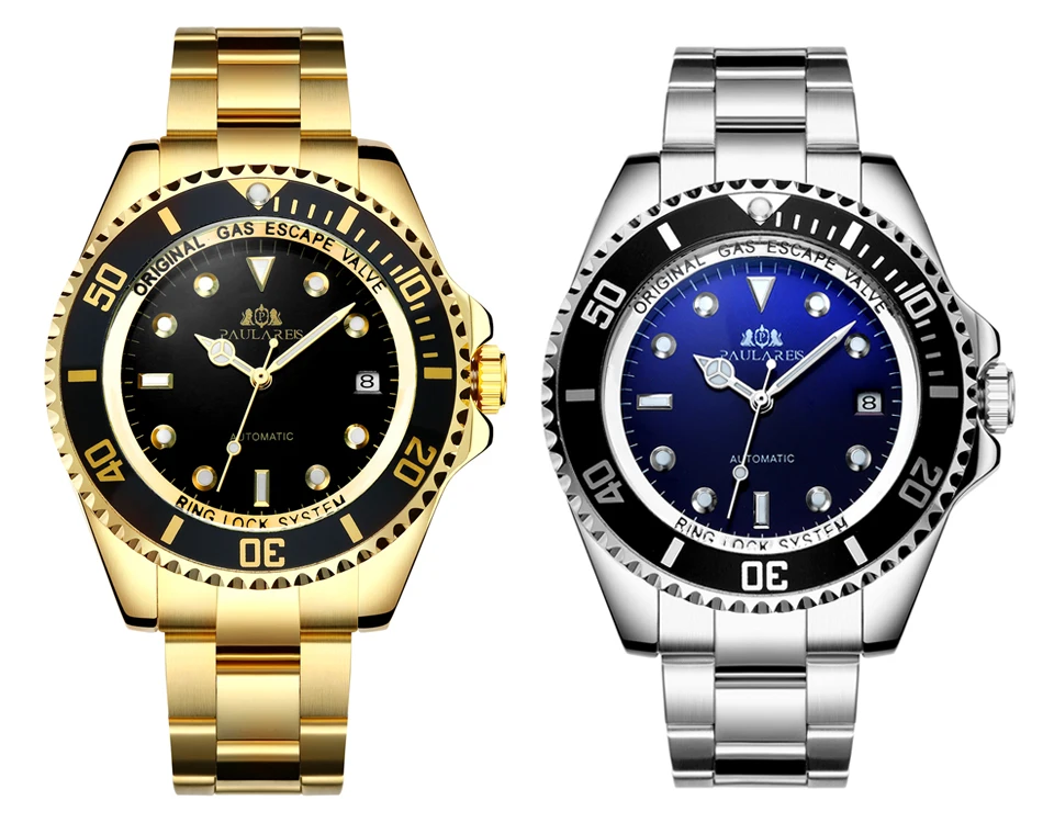 Automatic Self Wind Mechanical Stainless Steel Strap Gold Silver Gradient Black Blue Dial Date Business Men_voghion.com
