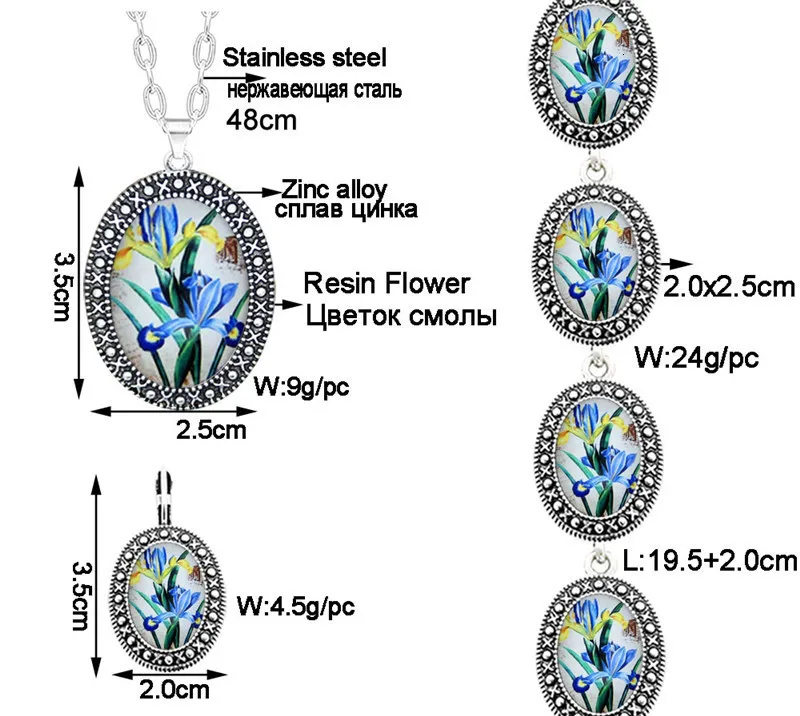 Oval Orchid Flower Jewelry Set Antique Silver Plated Necklace Earrings Bracelet Fashion Jewelry TS418