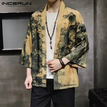 

INCERUN Printed Men Shirt Kimono Streetwear Casual 3/4 Sleeve Open Stitch Hanfu Vintage Men Cardigan Chinese Style Shirts S-3XL