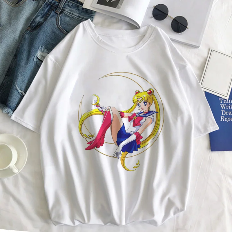Sailor Moon Cat Футболка женская летняя Kawaii стильная одежда Harajuku футболка Ulzzang Повседневная футболка с коротким рукавом женская футболка