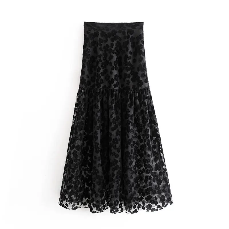 

Bonjean Women Elegant Lace Black Midi Skirt Side Zipper Irregular A Line Female Retro Stylish Mid Calf Skirts