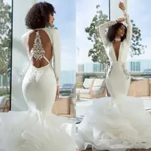 Африканский элегантный белый из атласа с длинным рукавом Русалка Выпускные платья Кружева аппликации из органзы Многослойные оборки спинки Вечерние платья