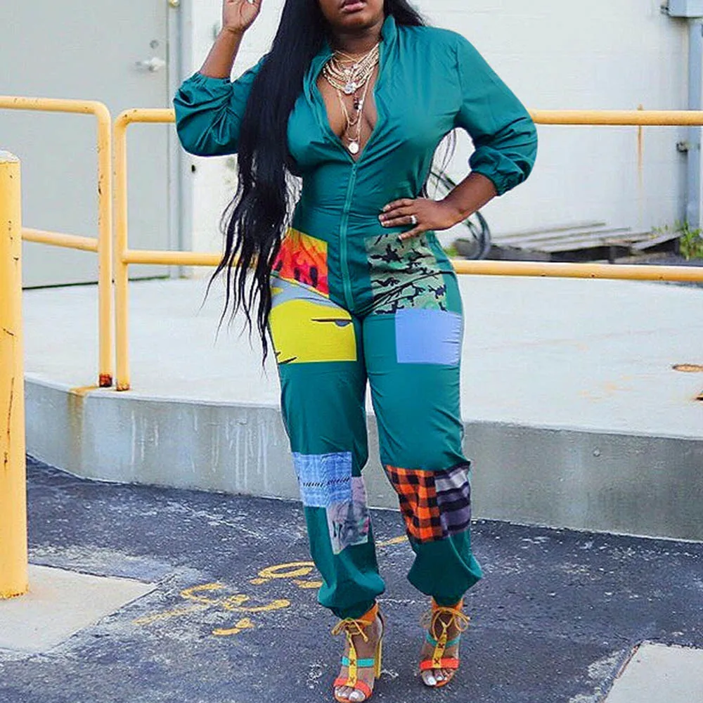 

Sports Streetwear Women Jumpsuit Long Sleeve Overalls African Ladies Casual Plus Size Zipper Sexy V Neck Long Jumpsuits Rompers