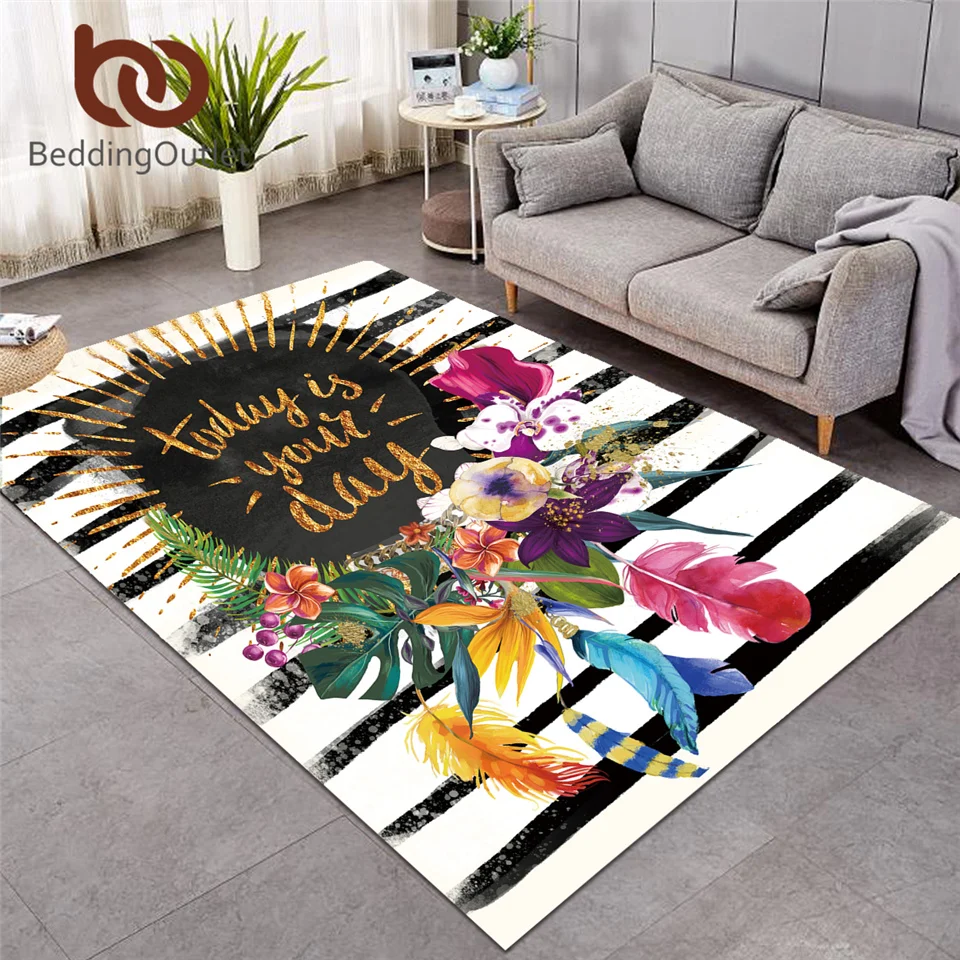 

BeddingOutlet Pink Floor Mat Floral Garland Large Carpet for Bedroom Striped Wave Area Rug Bird Luxury Soft Rugs for Teen Girls