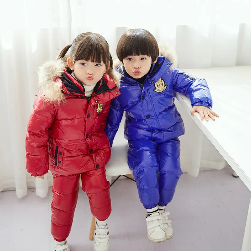 Зимний Детский пуховик на температуру-30 градусов, теплый костюм, водонепроницаемый пуховик для мальчиков+ плотные пуховые штаны, лыжный пуховик для девочек, костюм, 90