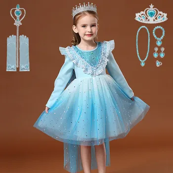 

Kids Gradient Color Long Tailed Elsa Princess Dress For Girl V-Shape Lace Sequin Sets Cartoon Film Role Playing Game Outfit