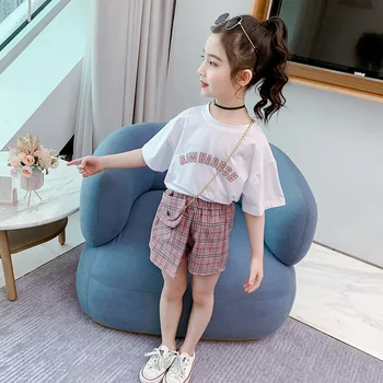 

Children Clothes Girls Summer Outfits Fashion Kids Short Sleeve T-shirt And Plaid Irregular Shorts With Bag 3pcs Casual Girl Set