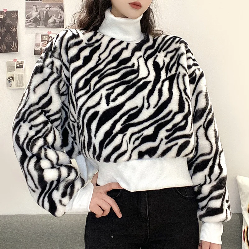 

Fluffy Plush Sweatshirt Women Casual Turtleneck Pullover Top Autumn Streetwear Long Sleeve Animal Print Loose Sweatshirt Tops