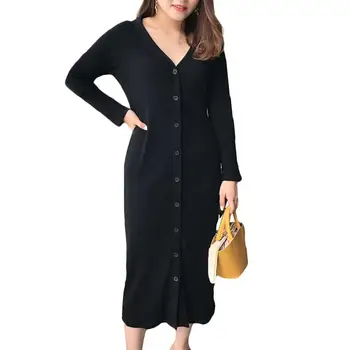 

Winter Women Plus Size Solid Color V-Neck Long Sleeve Buttons Loose Maxi Dress