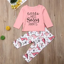 Детский комплект, футболка с длинными рукавами и надписью для маленьких мальчиков и девочек топы+ брюки с динозаврами, комплект одежды осенне-зимний костюм