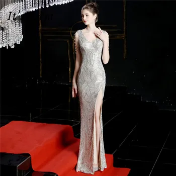 

It's Yiiya Mermaid Evening Dress DX234 Sexy Split Sparkle Formal Dresses Women Elegant V-neck Robe De Soiree Sequins Prom Gown