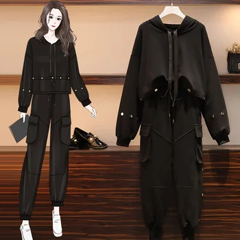 

Autumn Winter Women Warm Black Two Piece Set Large Plus Size Sweatershirt Tops And Overalls Casaul Matching Set Outfit Tracksuit