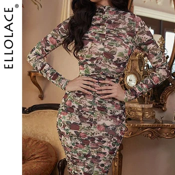 

Ellolace Floral Maxi Dress Sexy Women's Maxi Dresses Long Sleeve Ruched Party Long Dresses Elegant Ladies Party Club Dresses