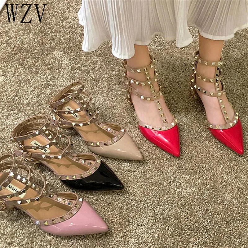 

2020 Woman Sandals Spring Autumn New Shoes Woman Rivets Pumps High Heels Fashion Gladiator Pointed Toe Shoes Women G67
