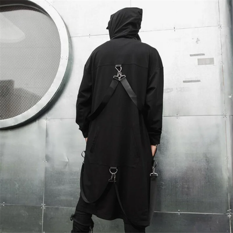 Nightclub DJ singer punk rock hooded trench coat ribbons long jacket stage costume men vintage zipper cloak gothic style cape