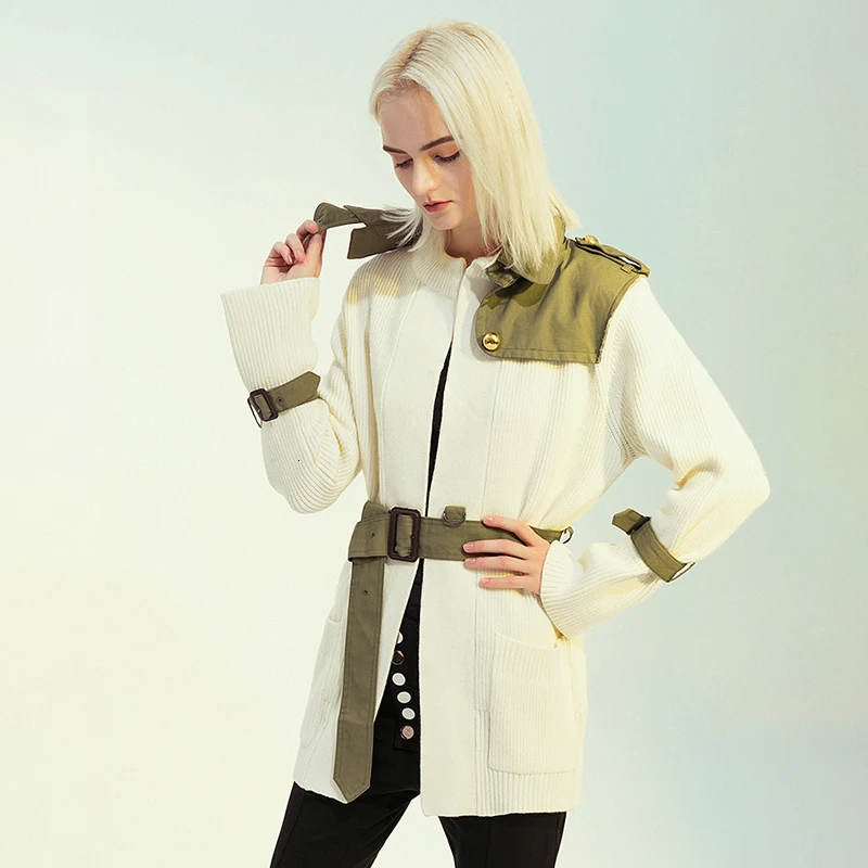 TWOTWINSTYLE, Лоскутная, хит, цветная куртка для женщин, воротник с лацканами, длинный рукав, высокая талия, с поясом, вязаные куртки, Женская мода