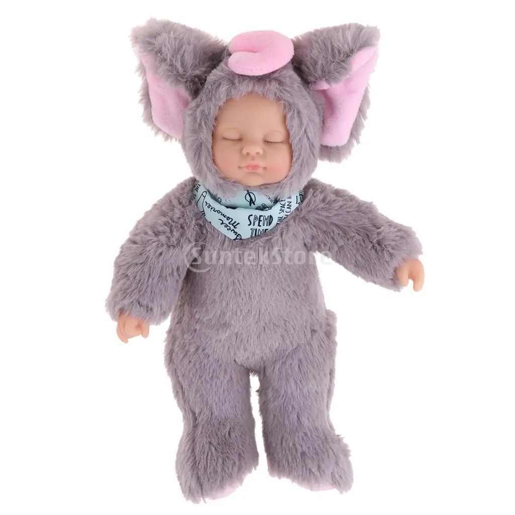 25cm Mini Stuffed Baby Doll Toys Silicone Reborn Baby Lifelike Kids Toys Sleep Reborn Doll Birthday Gifts (Gray Elephant)