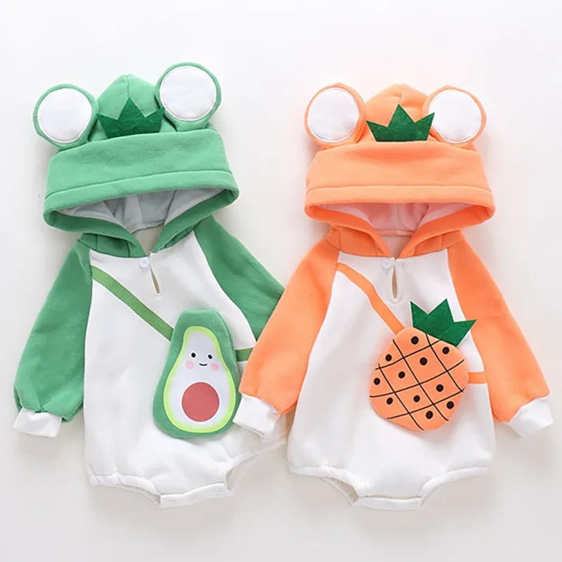 

Baby Boy Girl Romper Autumn Winter Newborn Cute Cartoon Frogs Pattern Long Sleeve Thickened Warm Hooded Sweatshirt Cotton Romper