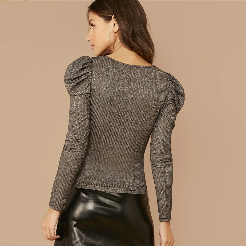 SHEIN золотого цвета с v-образным вырезом жиго рукавом блестками футболка Для женщин, весна, футболка, блуза с буфами на плечах, мериносовой шерсти/Гламурная Slim Fit туника Топ
