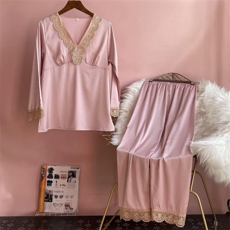 

2021 Spring Women's Pullover Pajamas Set New Luxury Style Fashion Lace Trim Sleepwear Silk Like Leisure Home Clothes Nightwear
