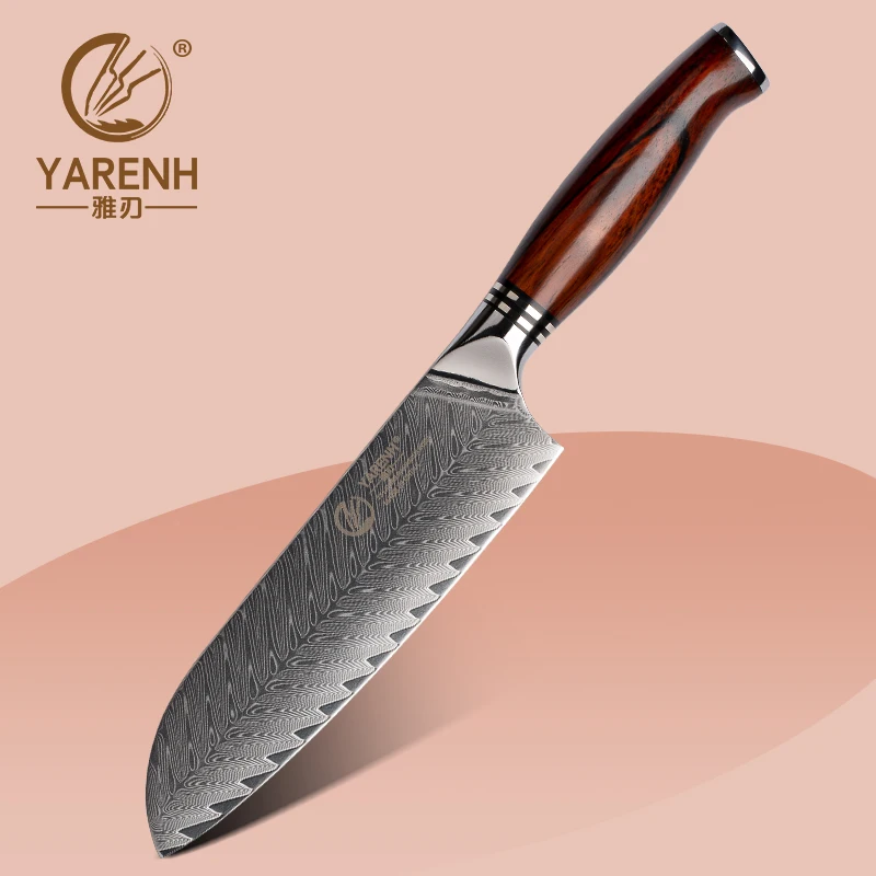 

Нож сантоку YARENH 7 дюймов, Ультра Острый кухонный инструмент из японской дамасской стали, рукоятка из дерева, 73 слоя