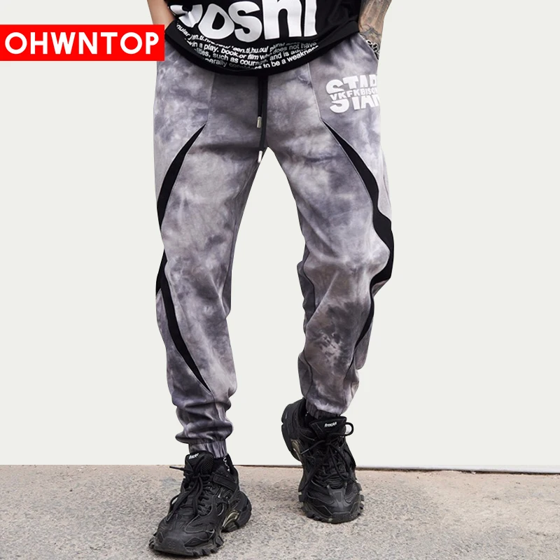 Tie dye Patchwork Casual Pants Multi Pocket Elastic Waist Sweatpants ...