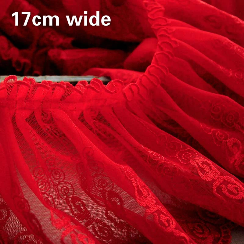 

New Trend Red Embroidered Tulle Pleated Stretch Lace Fabric Diy Ladies Festive Children's Skirt Dressing Side Home Textile Trim