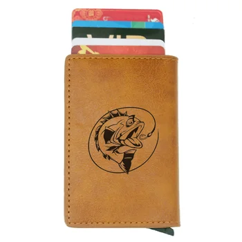 

Classic Fishing Design Credit Card Holder Men And Women Metal RFID Vintage Aluminium Box PU Leather Fashion Card Wallet