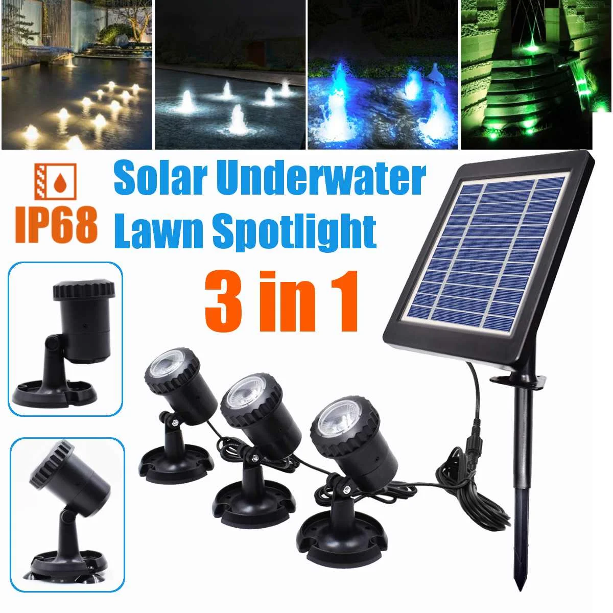 

Solar Light 1 in 3 Waterproof IP68 Underwater Fountain Pond Lights LED Spotlights For Outdoor Amphibious Lawn Pool Garden