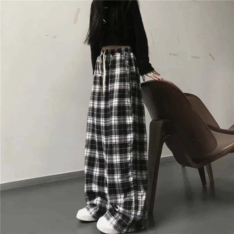 Black and White Plaid pants Oversize New Women Casual Loose Wide Leg Trousers Ins Retro Teen Straight Trousers Hiphop Streetwear capri leggings