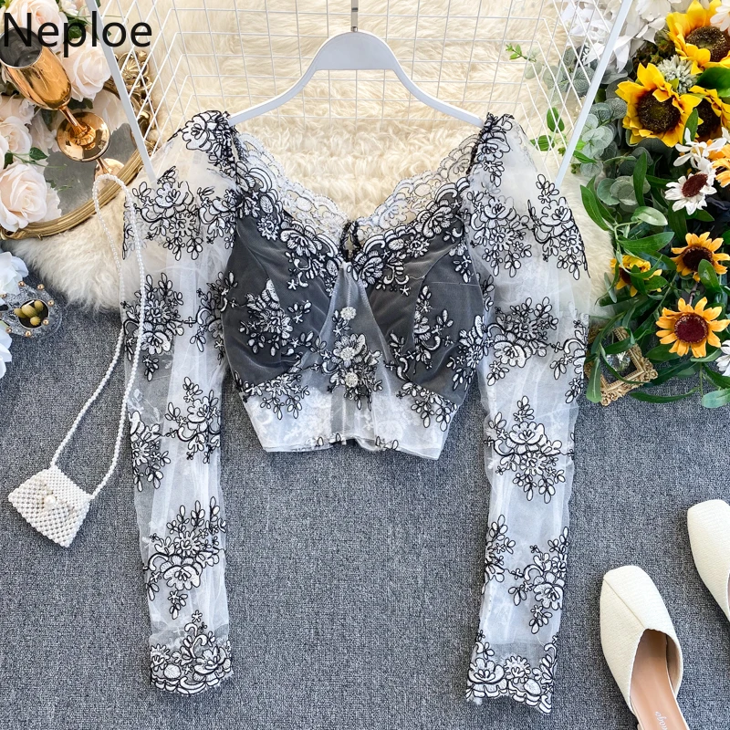 Neploe винтажные кружевные женские короткие блузки с вышивкой пышные Блузы длинным