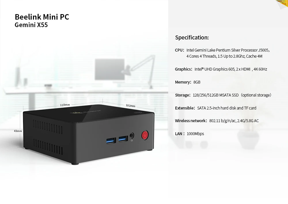 Мини-ПК Beelink Gemini X55 J5005 8 Гб 256 ГБ SSD 1000 м LAN tv BOX 2,4G 5G wifi bluetooth 4,0 USB3.0 HDMI 4K 60 Гц Windows 10 NUC