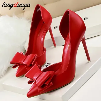 

summer Heel Shoes red Heels Woman yellow Sweet Bow Women White Wedding Shoes Pointed High Heels Banquet Shoes Zapatos de mujer