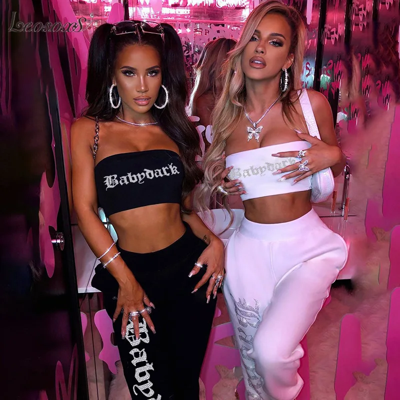 

Bling Rhinestone Letter Two Pieces Set Women Strapless Tube Tank Top And Atheleisure Jogger Sweat Pants Casual Tracksuit