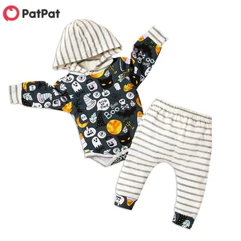 

PatPat Baby Halloween Print Striped Hooded Bodysuit Pants Set Bottom Snap Spring Autumn Leisure Cotton for Baby Boy Girl 0-9M