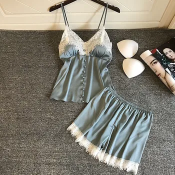 

Pyjamas Women Summer New Shorts Sexy Nightwear Two-piece Women Satin Pajamas Set Suit Artificial Silk Home Lace Chest Pad