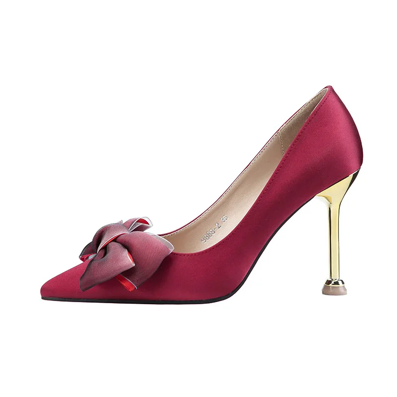 QSR/туфли-лодочки на каблуке 9,5 см пикантные женские тонкие туфли с острым носком на высоком каблуке-шпильке с бантом женская обувь из органической кожи на тонком атласном каблуке - Цвет: Бордовый