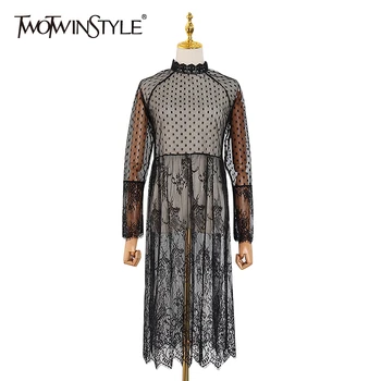 

TWOTWINSTYLE Patchwork Lace Mesh Polka Dot Women's Dress Long Sleeve Tassel Casual Dresses Female Spring Fashion New 2020