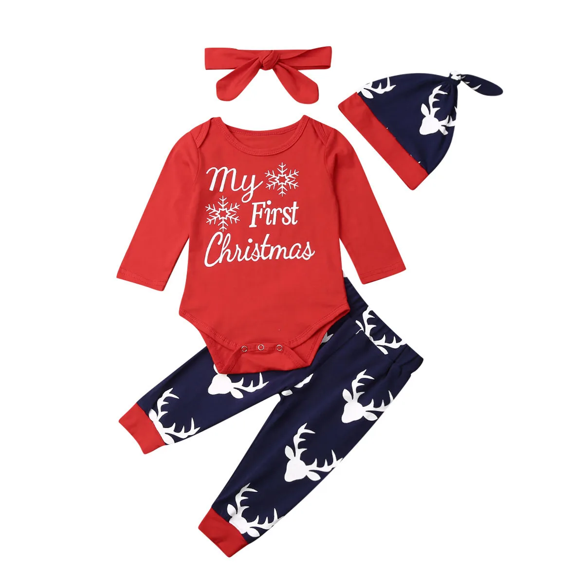 От 0 до 2 лет «My First Christmas» одежда с оленями для маленьких мальчиков и девочек Комбинезон+ штаны+ шапочка, комплект из 4 предметов