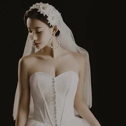 Elegant Long Veil Bride Wedding Veils Pearls Flower Appliques Two Layers Wedding Accessoire Mariage Veils High Quality