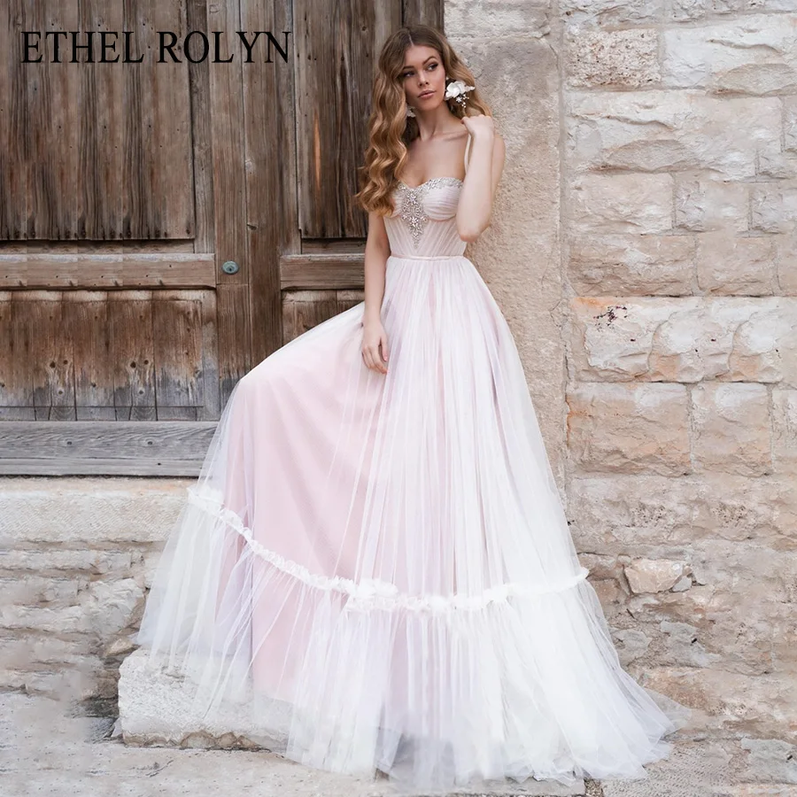 

ETHEL ROLYN A Line Wedding Dress 2024 Crystal Sweetheart Beach Bride Spaghetti Straps Ruched Tulle Bridal Gown Vestidos De Novia
