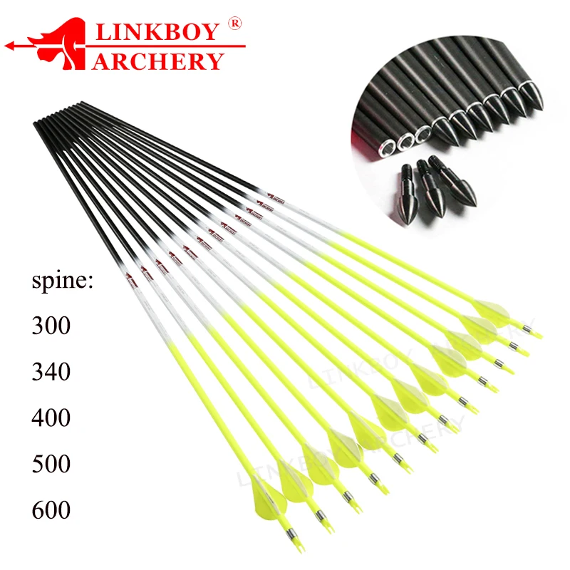 Seta de Carbono Tiro com Arco 500 600 Fluorescente Eixo Amarelo Composto Tiro Id6.2mm Proteger Anel Nock Caça 12 Pçs Sp300 340 400 2 Arco e flecha