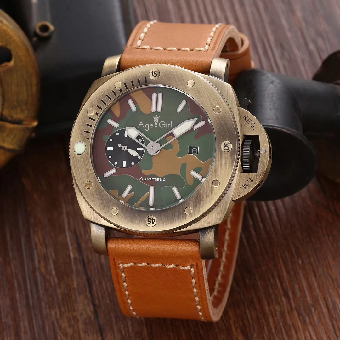 Orange Leather Bronz Роскошные брендовые Новые Мужские автоматические механические сапфировые бронзовые темно-синие зеленые коричневые кожаные 3 дня светящиеся 47 мм серебряные часы AAA - Цвет: Orange Leather Bronz